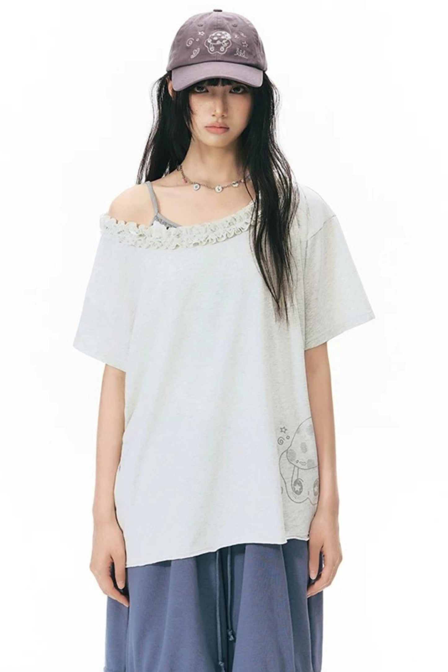 Starwii Printed Ruffled Asymmetrical Shoulder T-Shirt
