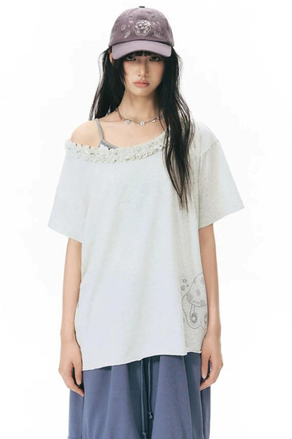 Starwii Printed Ruffled Asymmetrical Shoulder T-Shirt