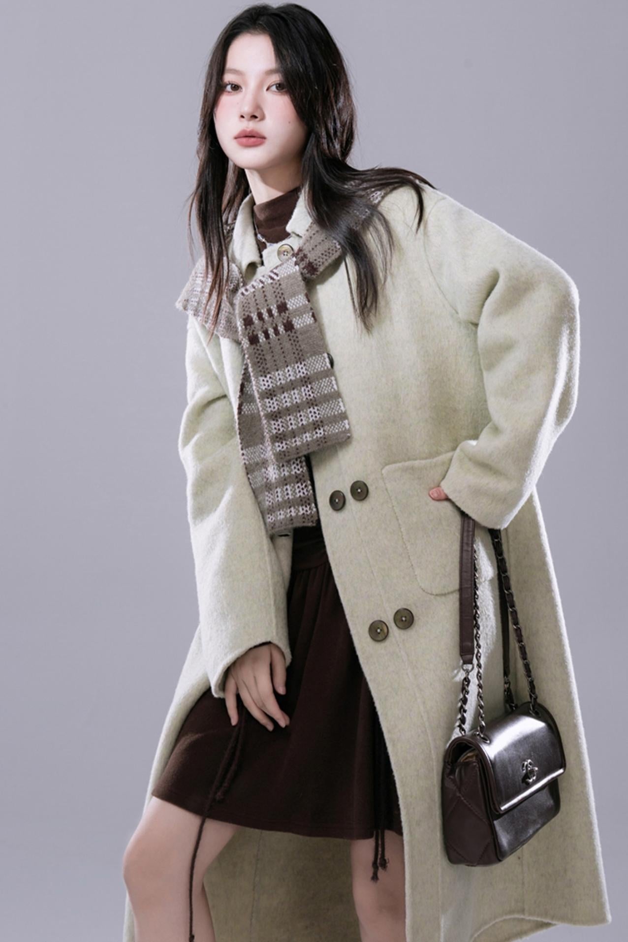 COTRE Yeonnam-dong Street Check Lost Green Wool Hood Collar + Wool Tweed Coat