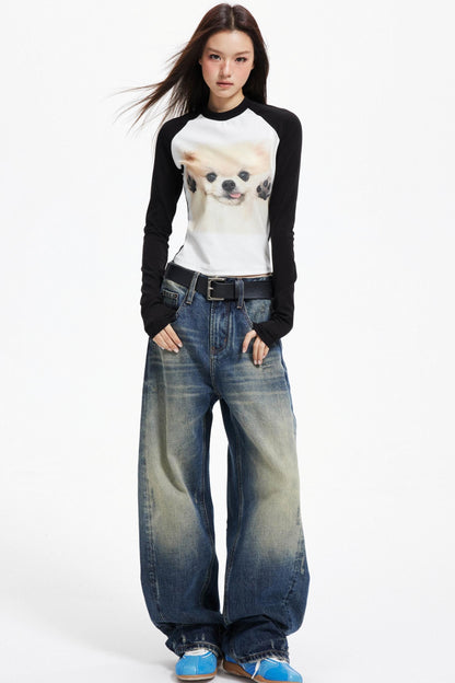 Puppy Print Raglan Slimming Knit Top