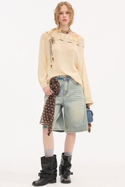 비대칭 오프숄더 니트 스웨터