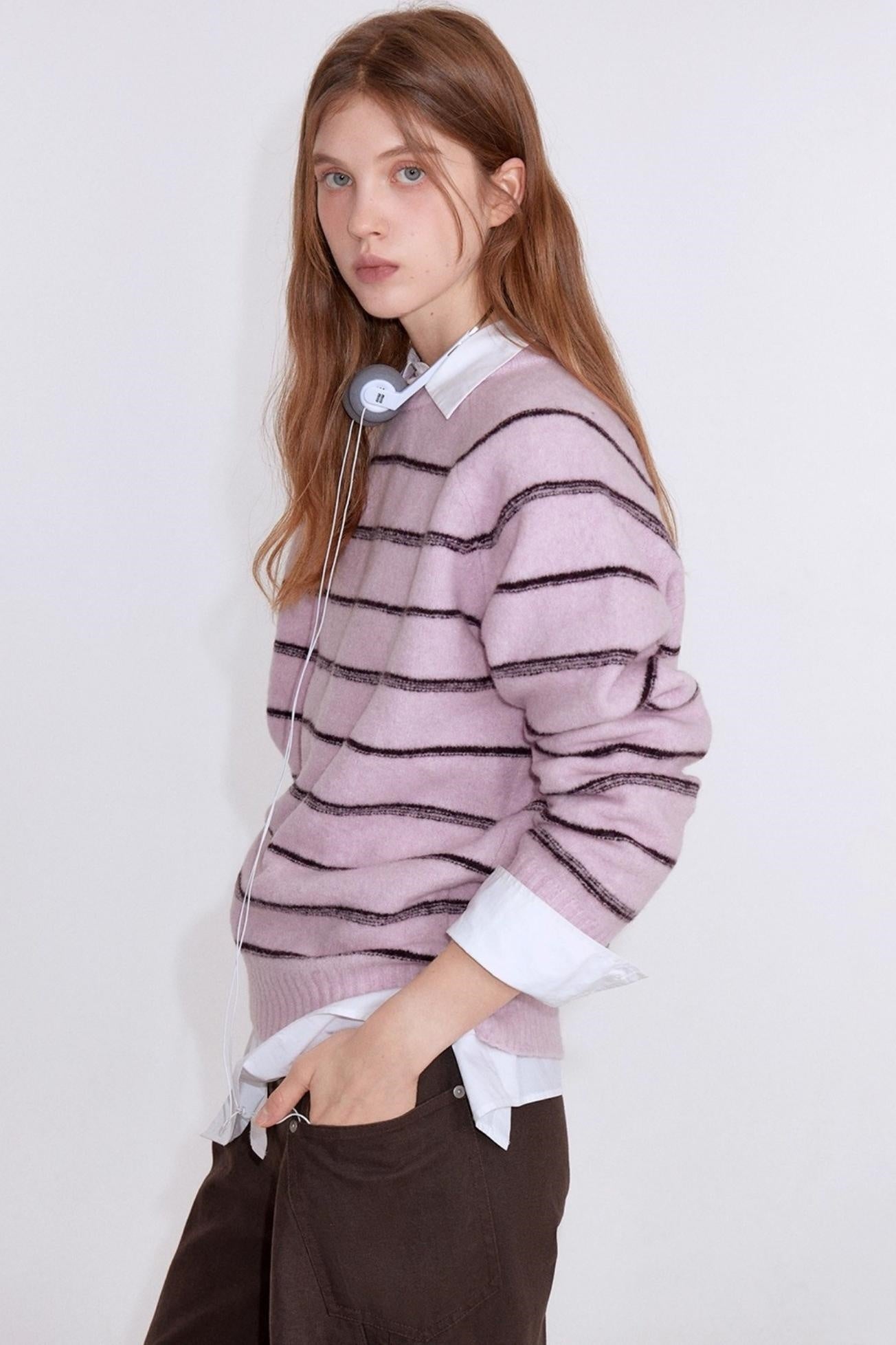 Wool Blend Striped Knit Pullover Sweater