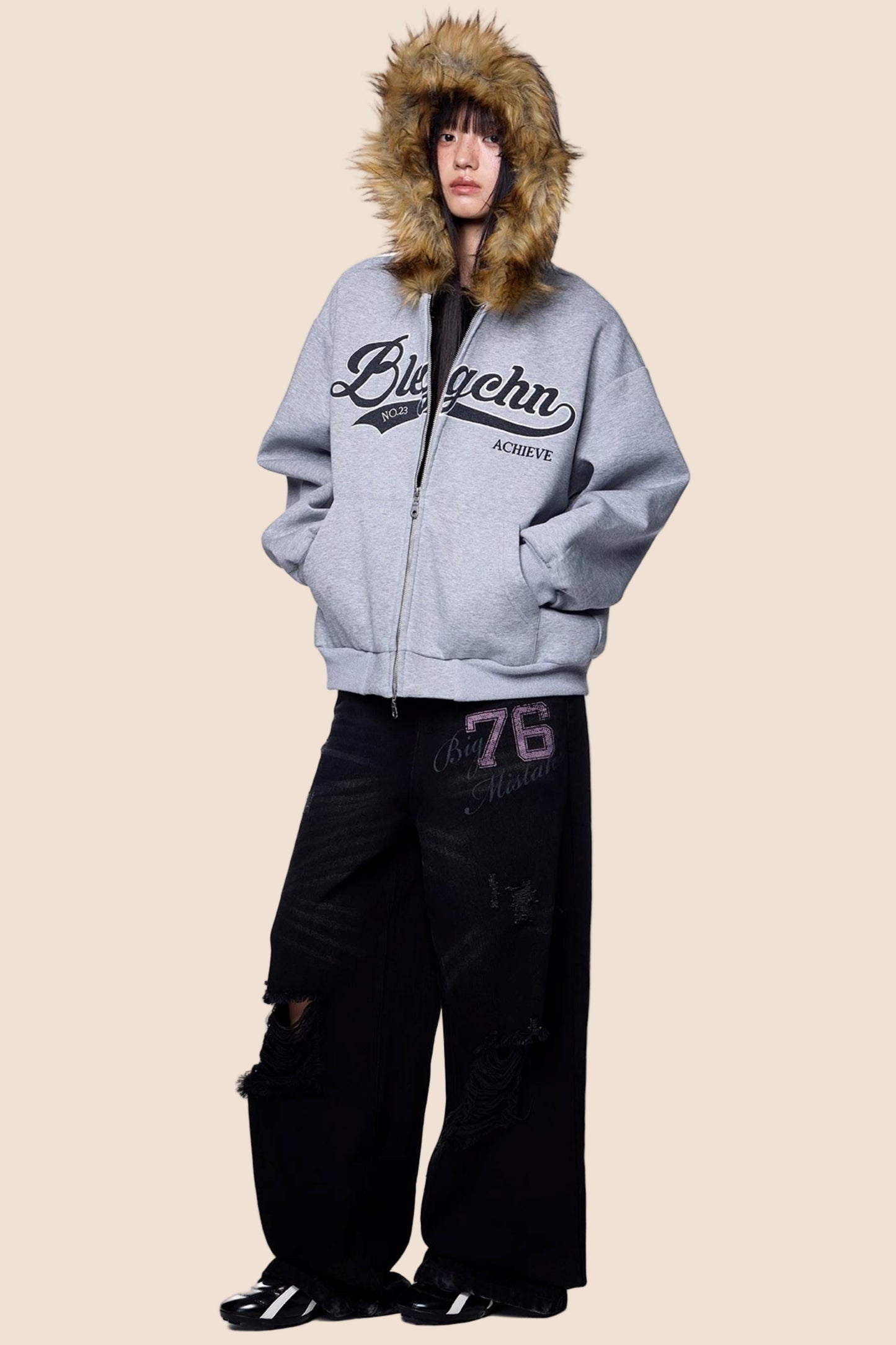 Embroidered Fur Collar Hooded Cardigan