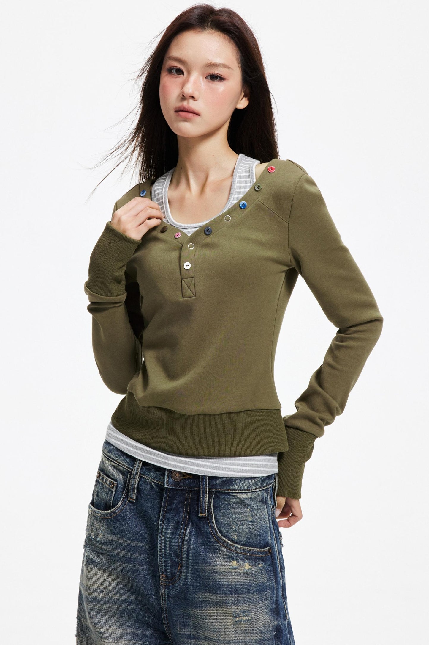 Big V-Neck Knitted Sweater Set-Up