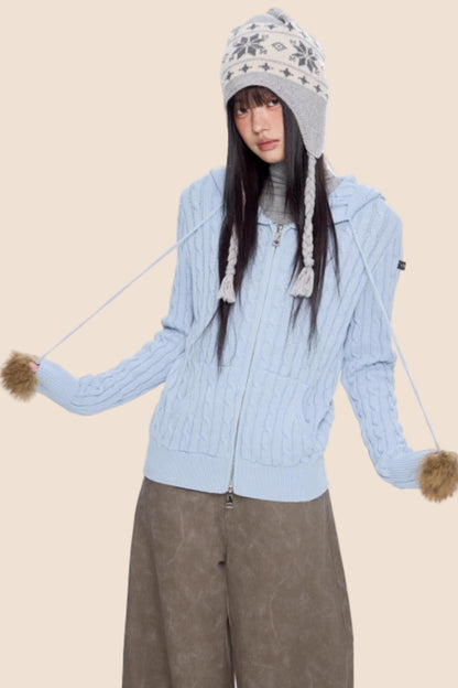 Furball Twisted Knit Hooded Cardigan