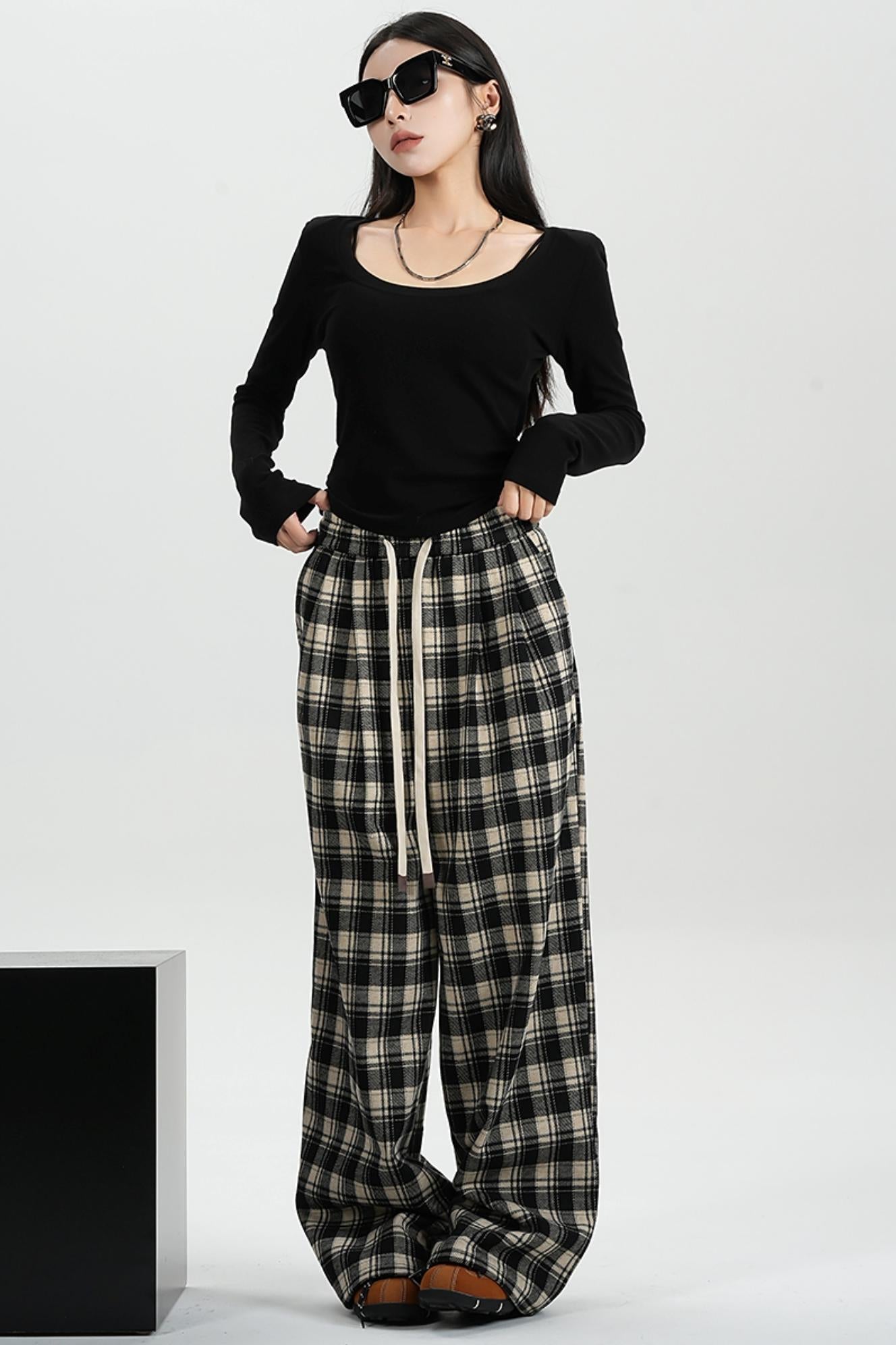 SRYSAME Plaid Casual Pants Elastic Waist Fall Winter Wide Leg Pants Trousers Women's Panties Padded Pants Sweatpants Women's Wear