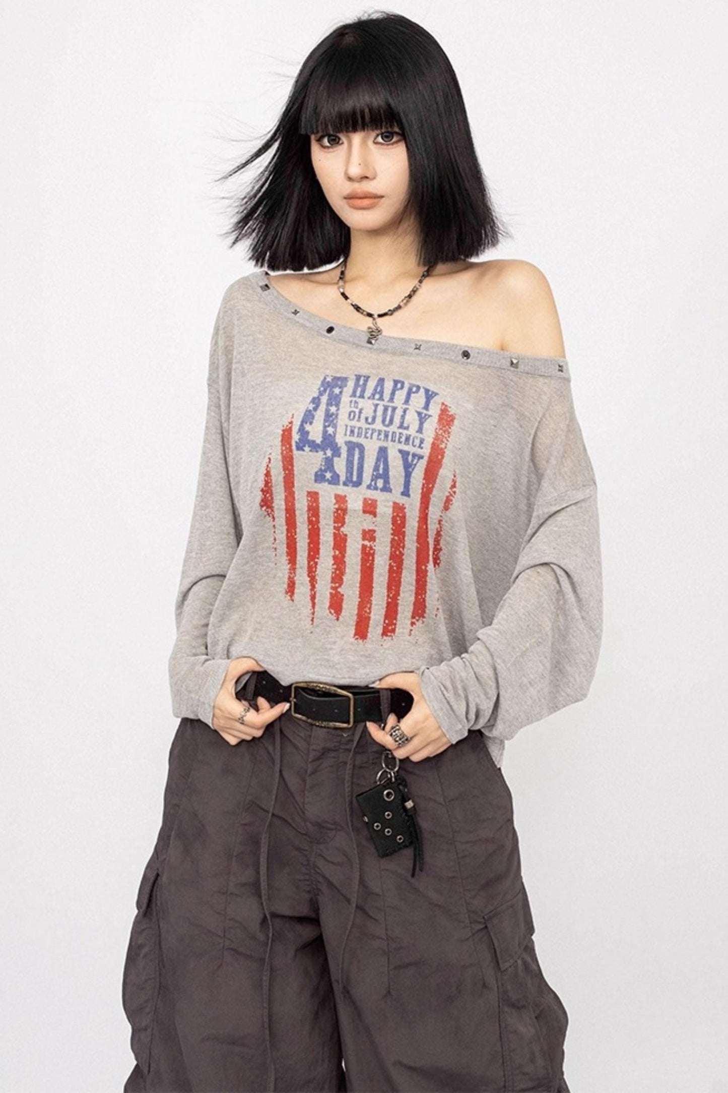 Slanted Shoulder Long Sleeve Top