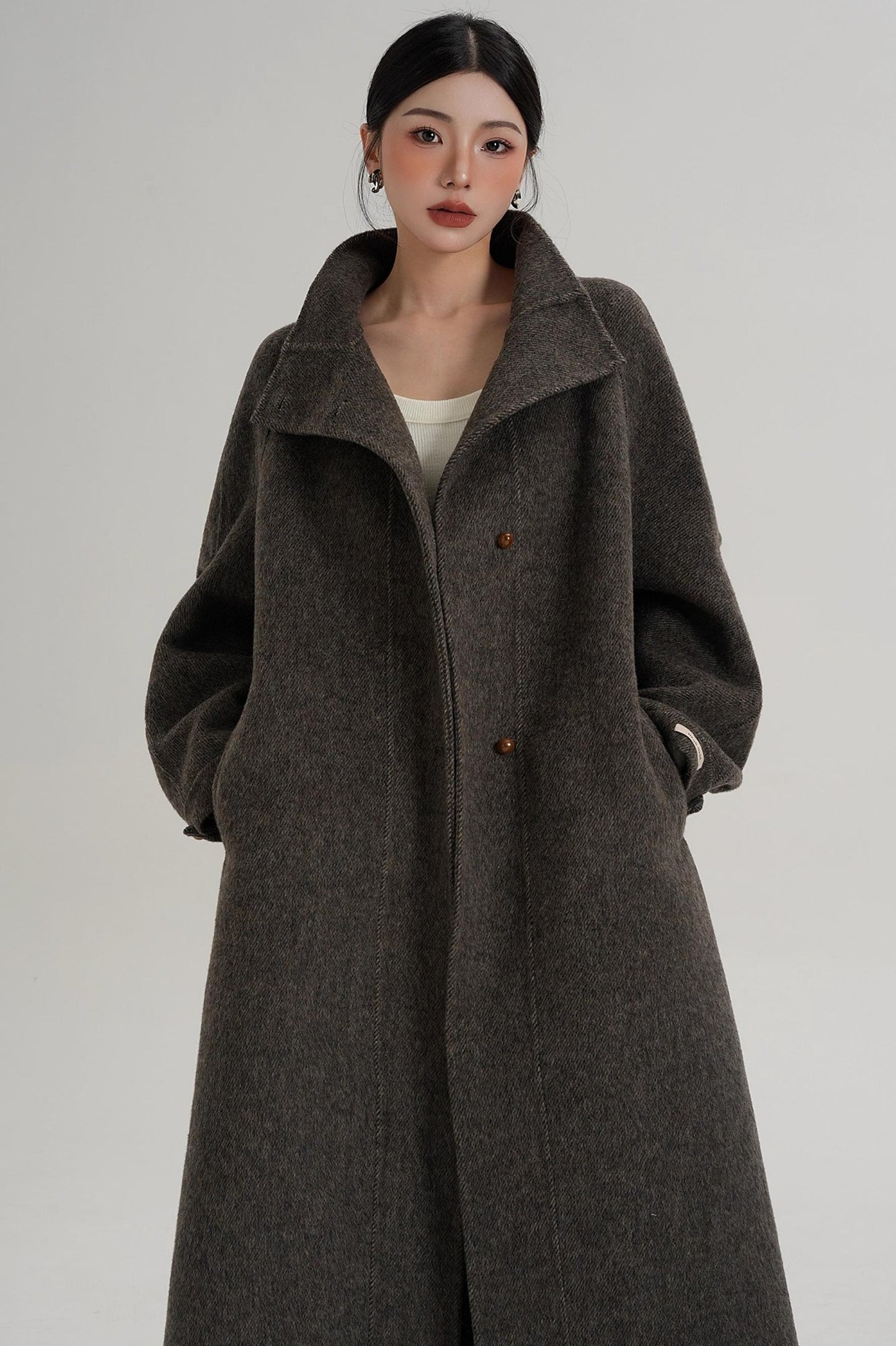 Elegant High-Neck Long Wool Coat