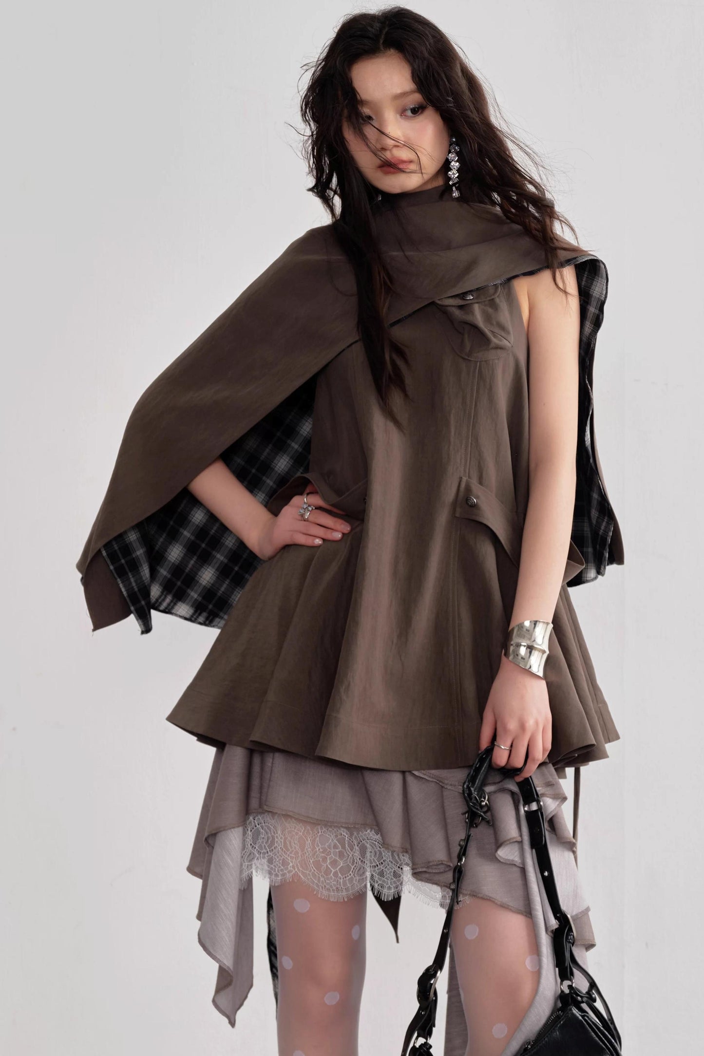 Earth-Toned Detachable Cape Dress