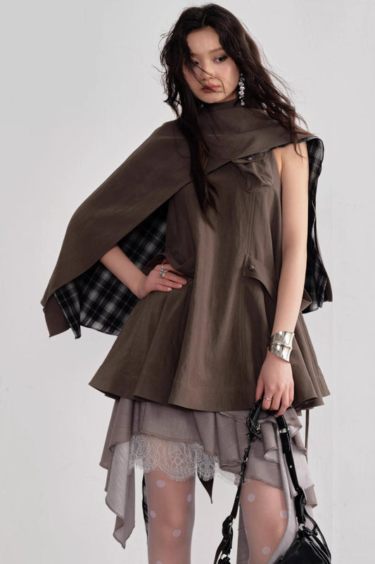 Earth-Toned Detachable Cape Dress