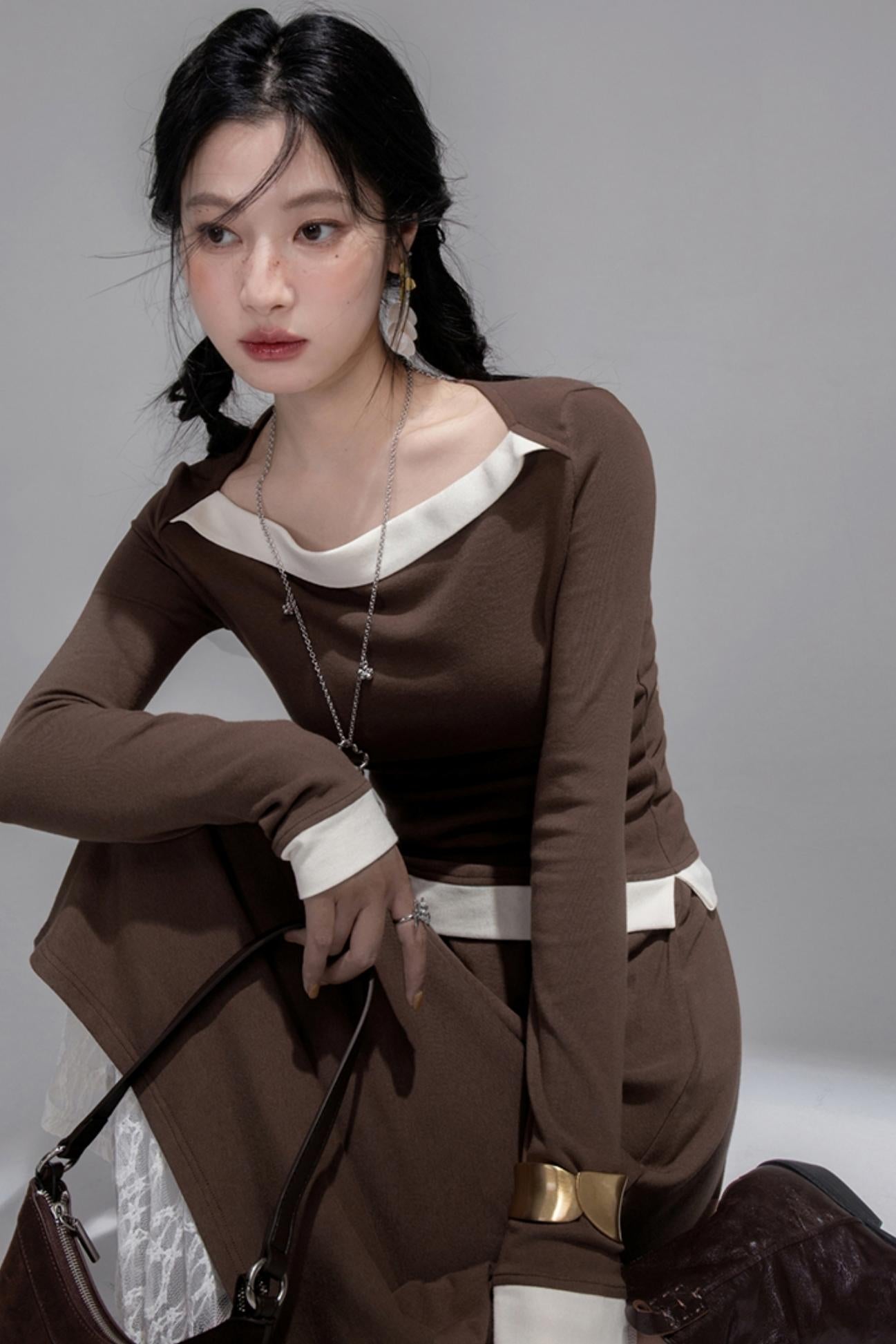 White Milk Coffee Knitted Top & Skirt Set