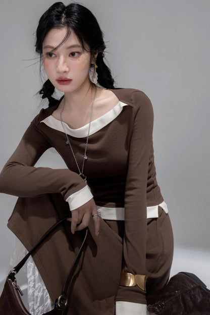 White Milk Coffee Knitted Top & Skirt Set