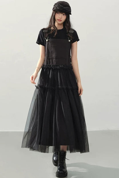 Black Denim Mesh A-Line Dress