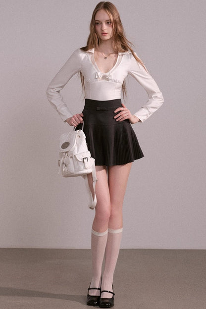 Bow V-Neck Long Sleeve Shirt Set-Up