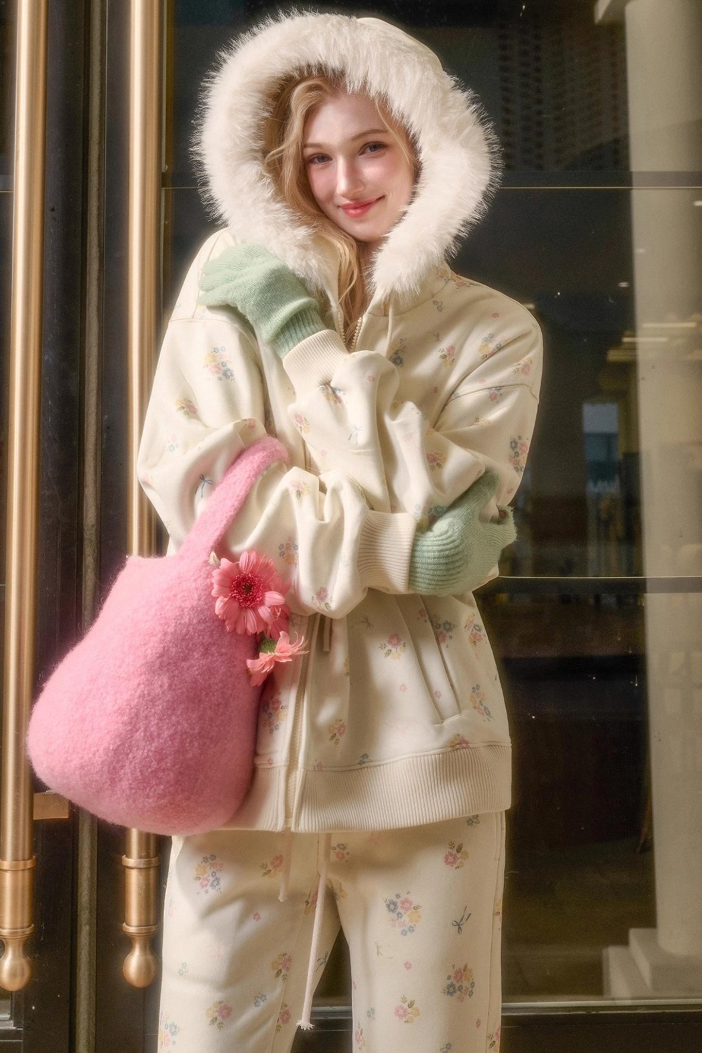 Milky Way Floral Fur Collar Jacket Set-Up