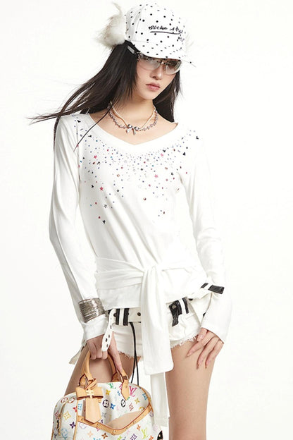 White Hot Girl V-Neck Long Sleeve T-Shirt