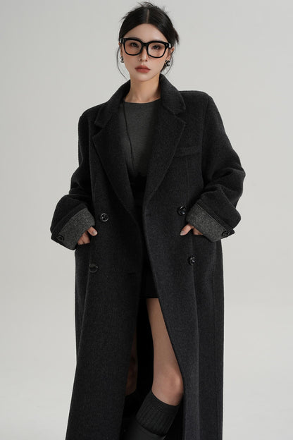 Turn-Sleeve Suit Collar Long Wool Coat