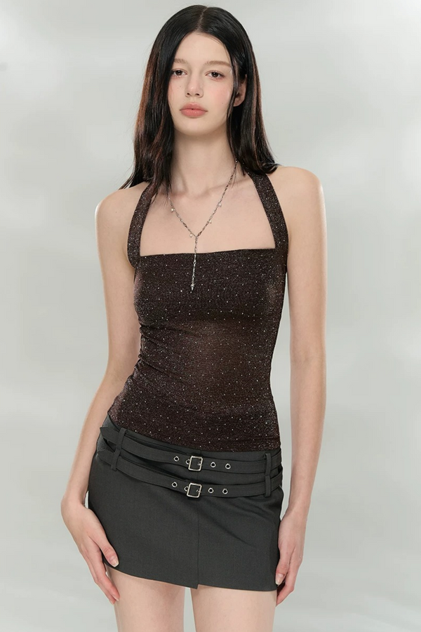Blusa tubo brillante con cuello halter