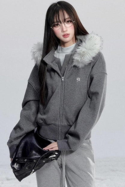 Relaxed Fur Collar Hooded Jacket