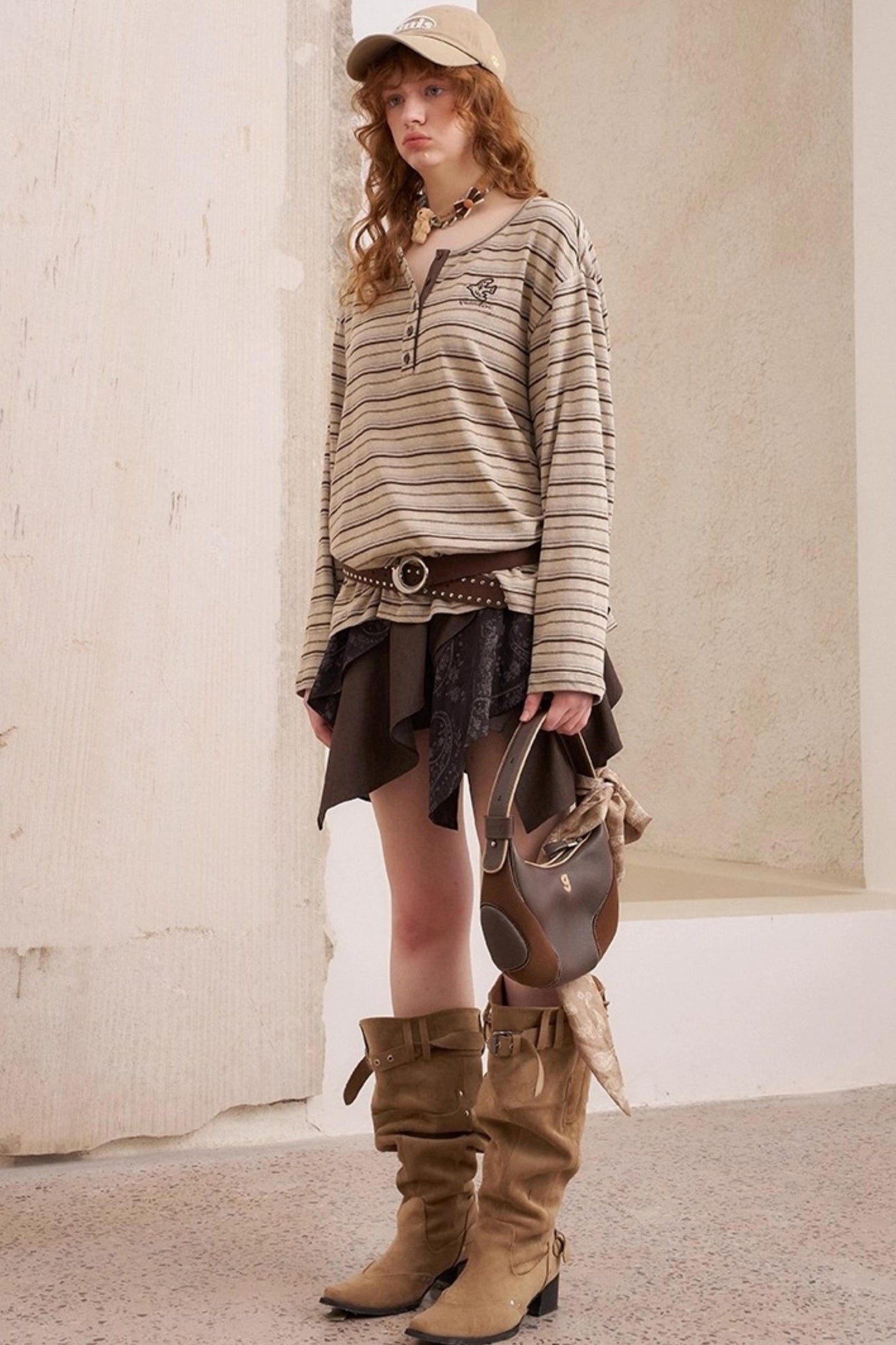 Striped Loose Crew Neck Embroidered T-Shirt