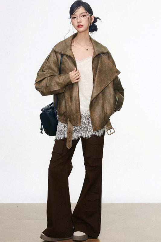 Khaki Leather Jacket Set-Up