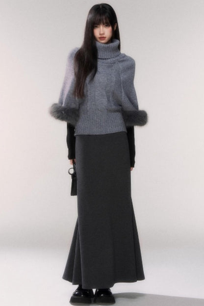 Gray Cable Knit Turtleneck Sweater