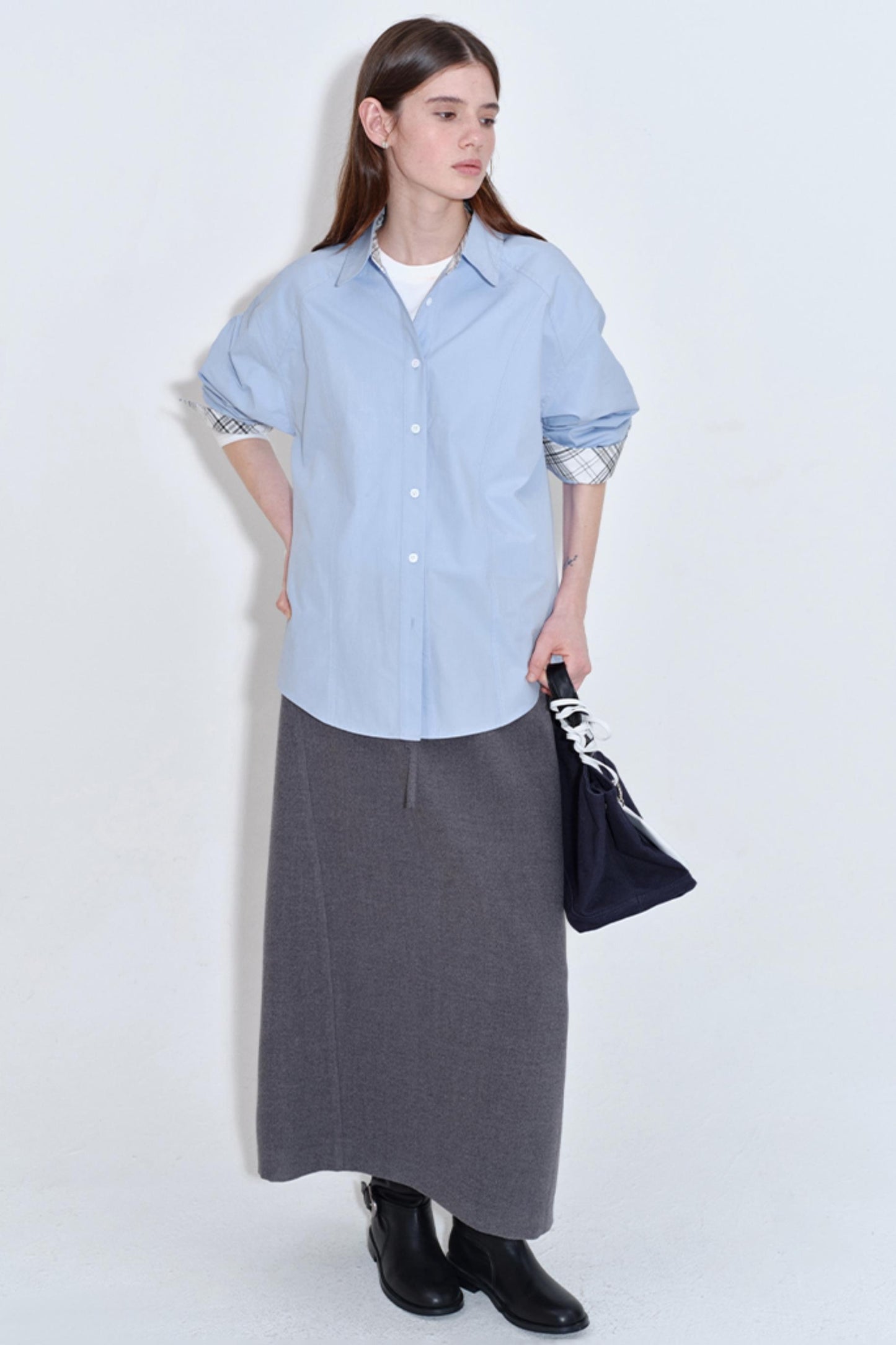 White Mist Blue Check Patchwork Top