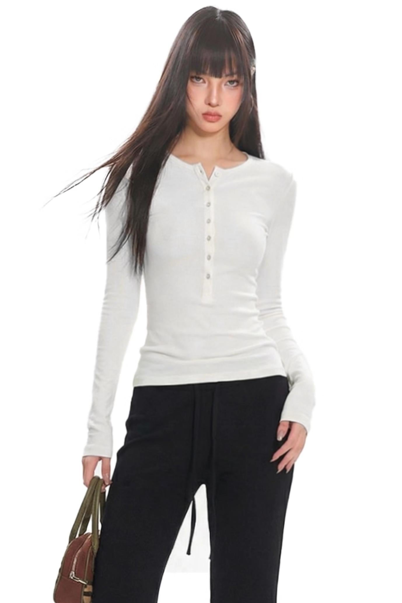 Retro White Henry Collar T-Shirt