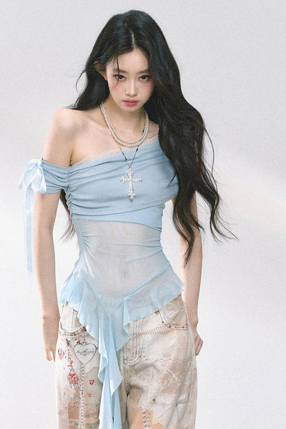 Sheer Mesh Off Shoulder T-Shirt