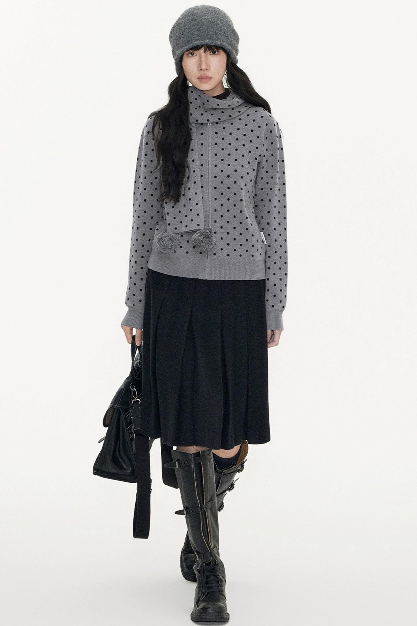 Polka Dot Hooded Knit Sweater Skirt Set-Up