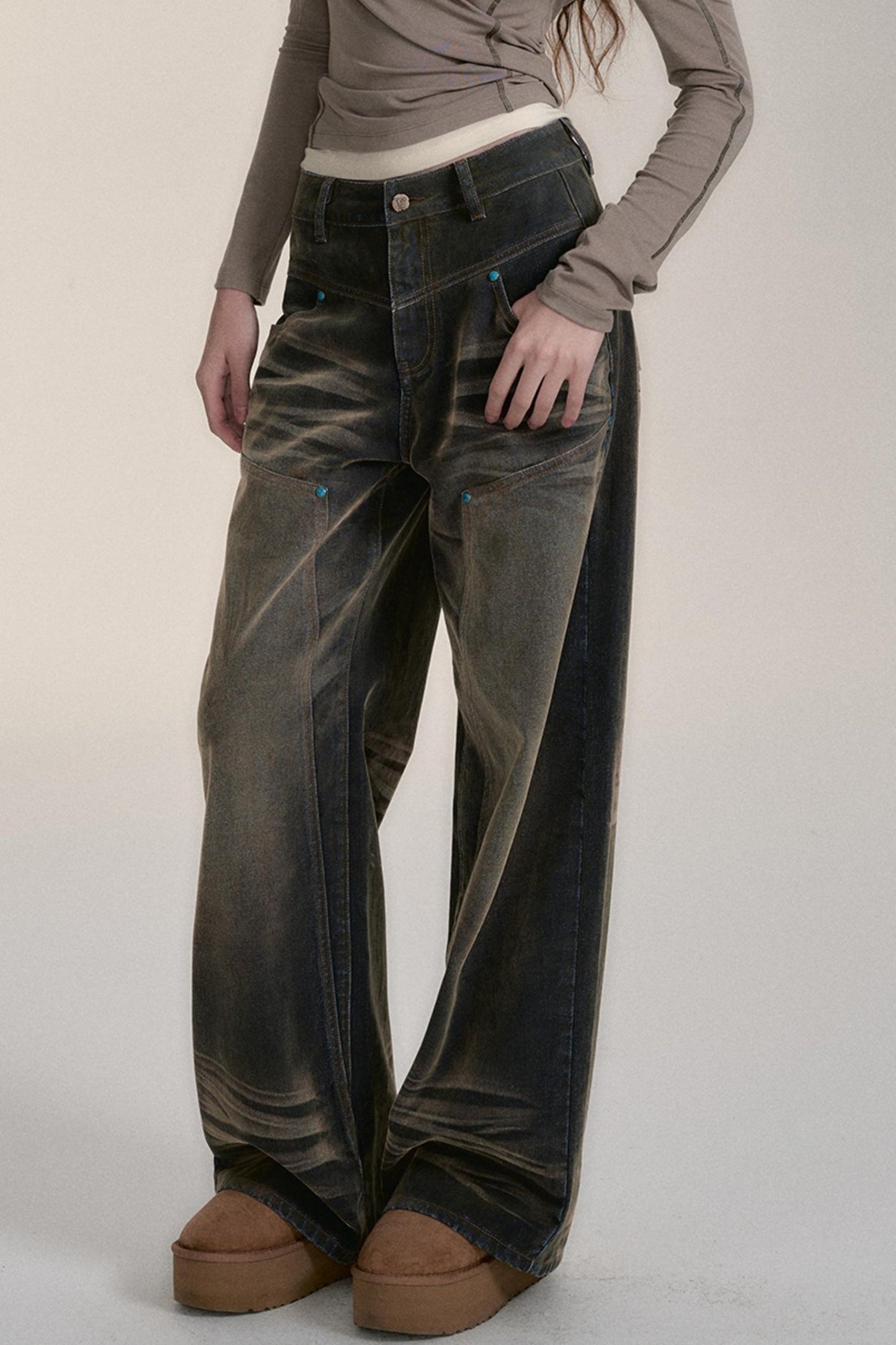 Washed Velvet Distressed Straight-Leg Jeans