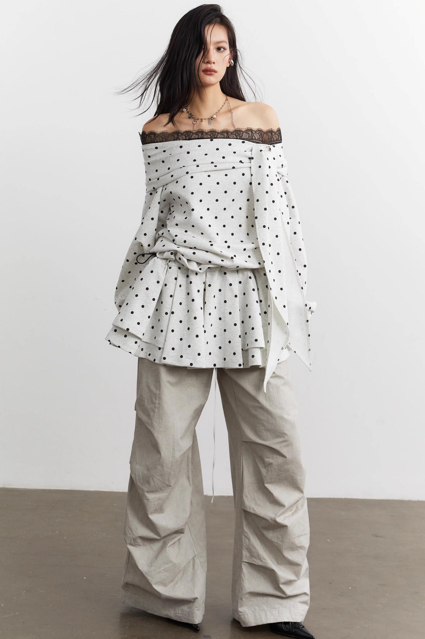 Lace-Up Polka Dot Sweatshirt Set-Up