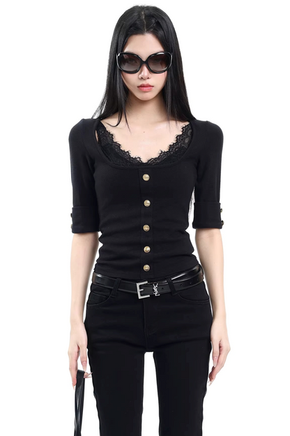 Black Lace V-Neck Top