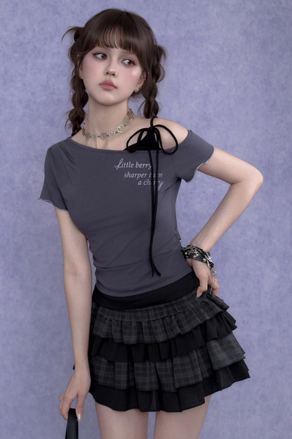 Gray-Purple One-Shoulder Faux Two-Piece Top