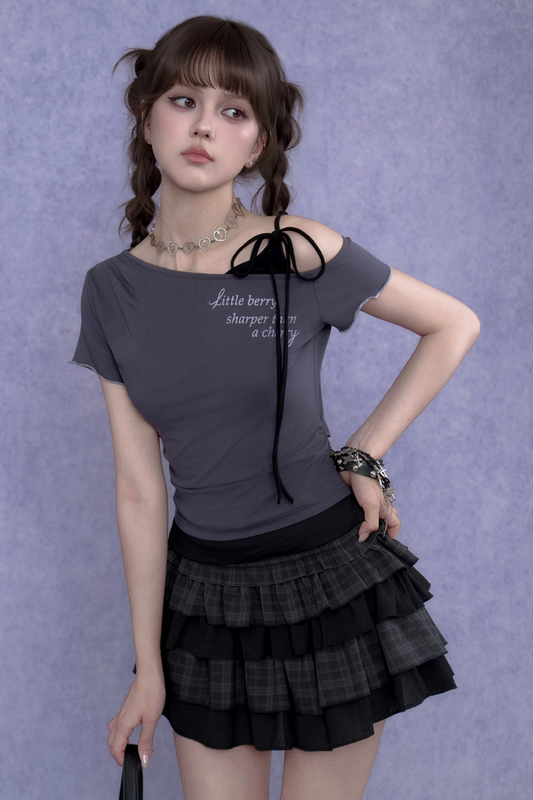 Gray-Purple One-Shoulder Faux Two-Piece Top
