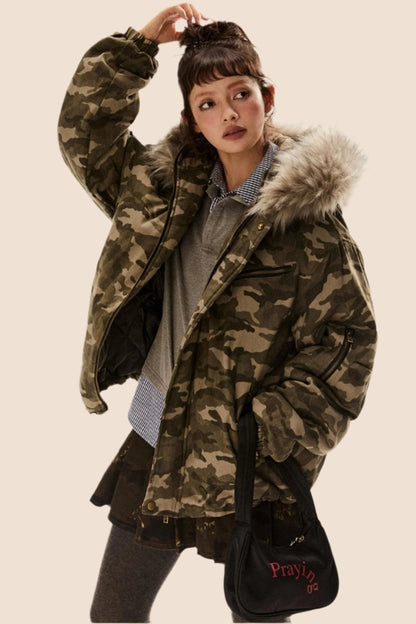 EZEK American Retro Army Green Camouflage Pelzkragen Kapuzenjacke Thickened Cotton Jacket Women's Winter New Jacket Cotton Jacket