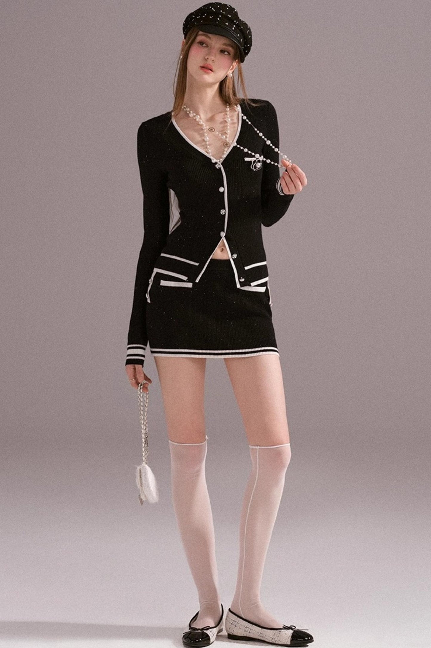 Hot Girl Contrast Knit Cardigan Suit Set-Up