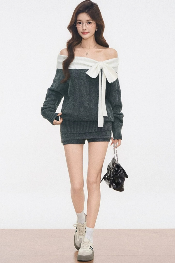 Lace-Up Off-Shoulder Knitted Sweater Set-Up