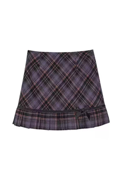 SagiDolls Girly Kampfgeist, Retro Sweet Purple Plaid Rock, Vielseitig, Preppy A-Line Rock, Rock Herbst Höhe