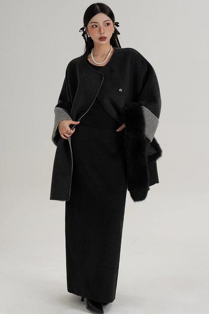 Elegant Fox Fur Collar Wool Cape Coat