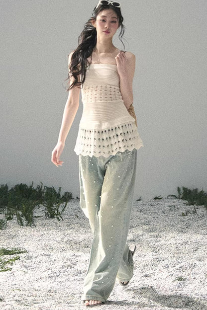 Französisches Strick-Hollow-Out-Unterhemd