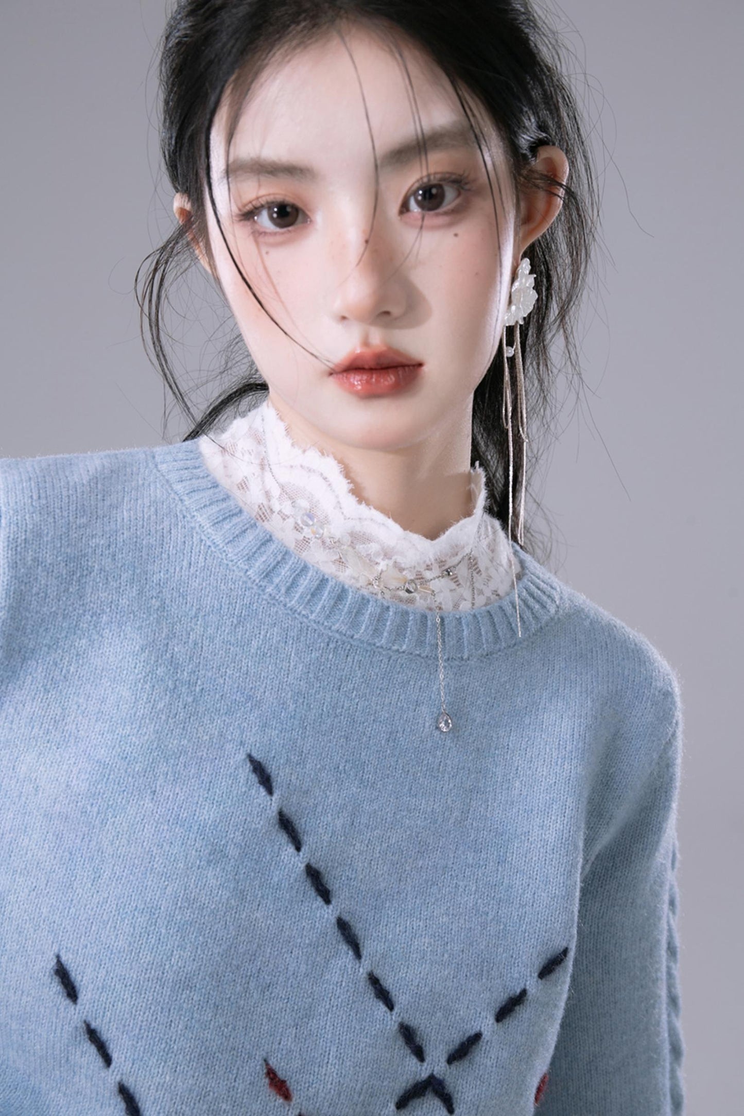 Sky Blue Contrasting Hand-Stitched Jumper