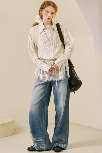 Vintage Lace-Trimmed Drawstring Shirt