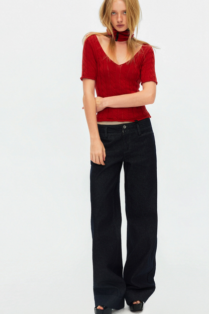 Hollow-Out Knit V-Neck Top