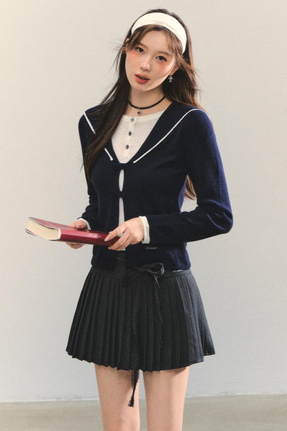 Sweet Navy Neck Knit Cardigan