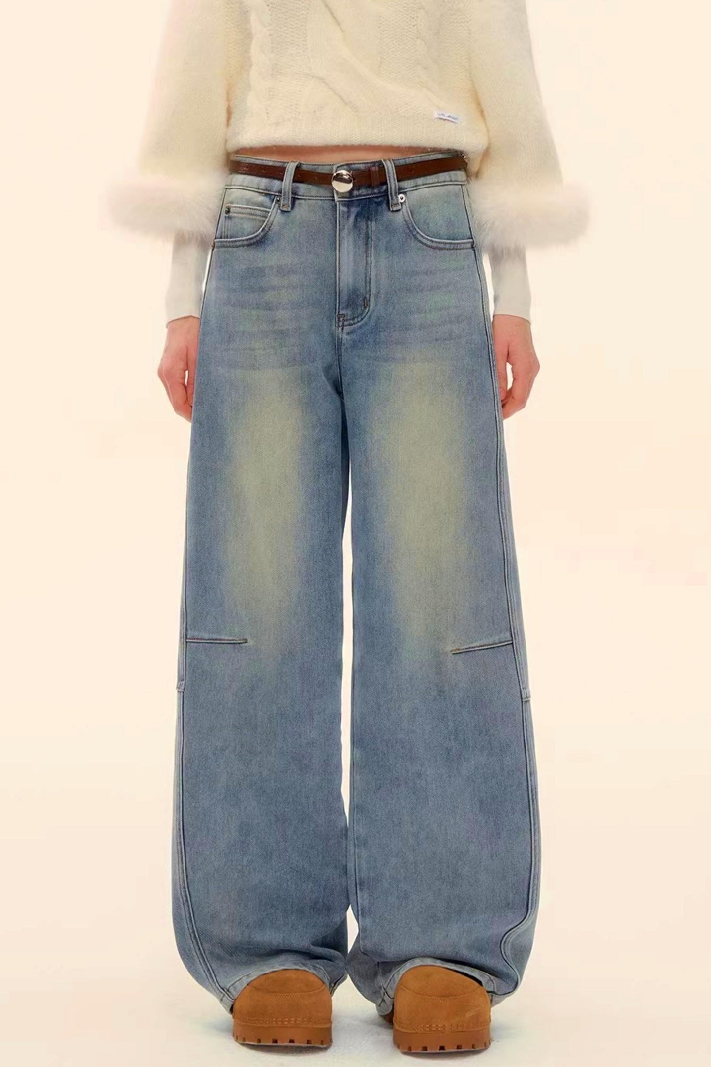 Washed Denim Curved Cut Pants