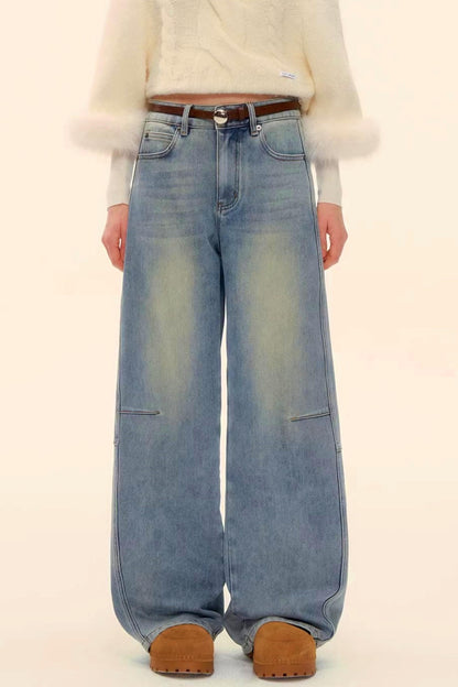 Washed Denim Curved Cut Pants