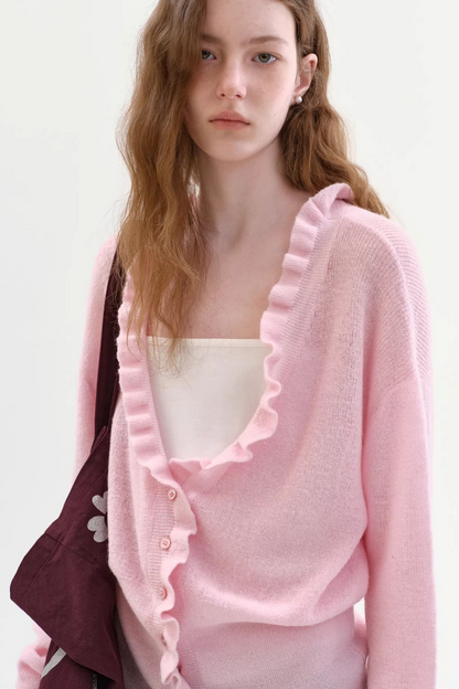 Mohair V-Neck Ruffled Sweater