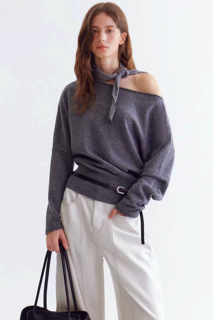Rolled Edge Off-Shoulder Wool Sweater