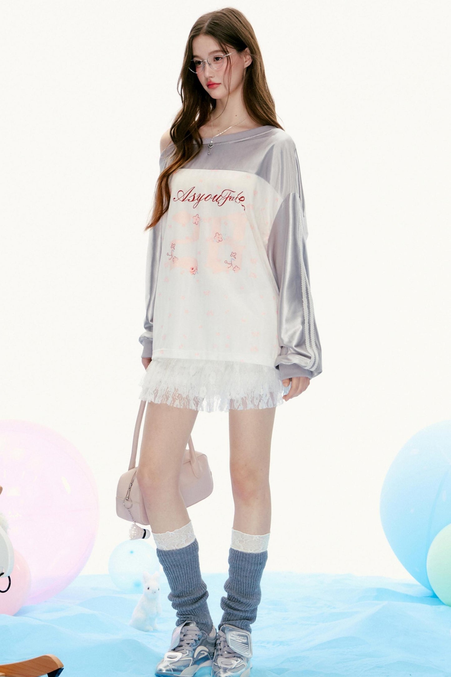 Suspender Design Long-Sleeve Lace T-Shirt